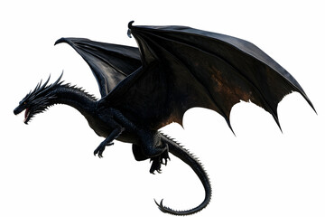 Black dragon in flight, isolated on white background