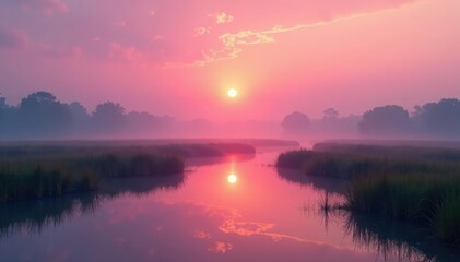 Obraz premium Soft pink light spreads across serene marsh landscape at sunrise, dawn, calm