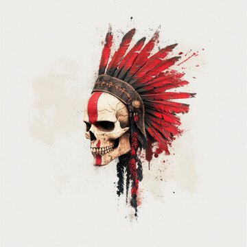 Native American Skull Warrior Tattoo Art with Feather Headdress and Watercolor Splashes T-Shirt Design