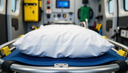 Emergency ambulance stretcher preparation for paramedic training, safety focus