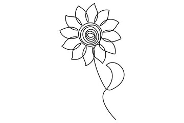A single-line black and white illustration of a sunflower
