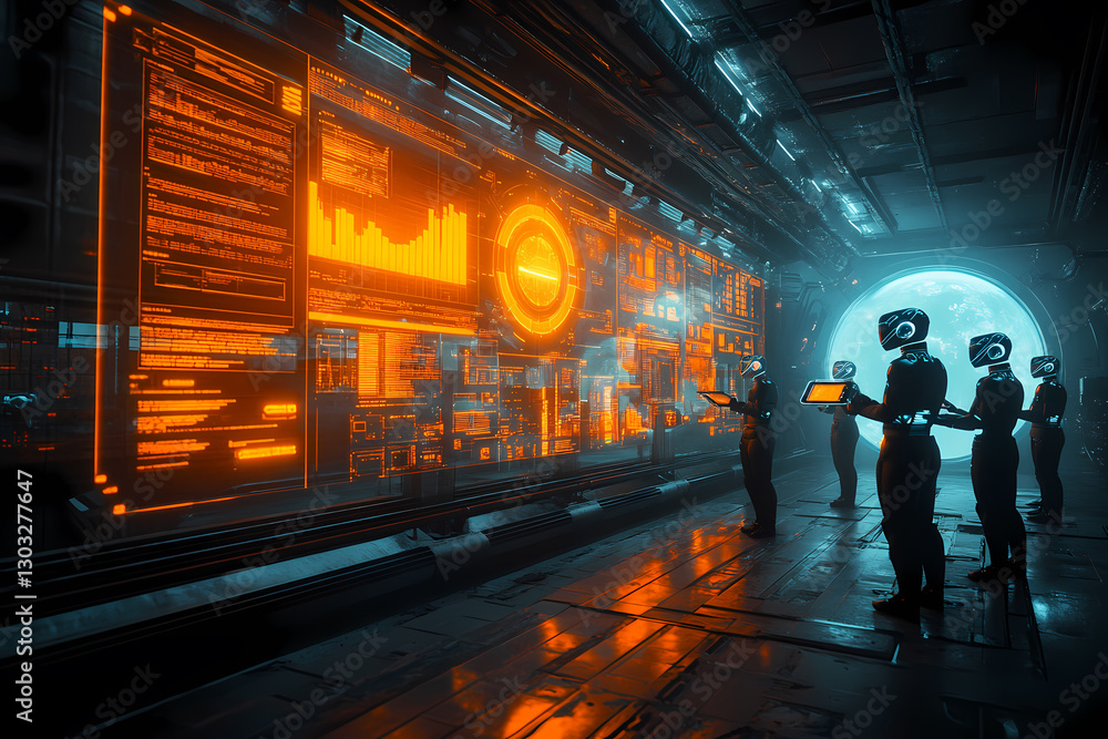 Poster experience a glimpse into the future with this image of a futuristic ai-powered office filled with r