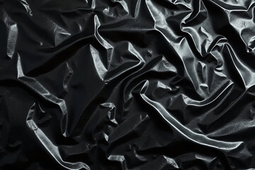 A Black Plastic Wrap Wrinkled Glossy Texture. High-Resolution. Suitable For Packaging Or Mockups Or Digital Art. Perfect For Branding Or Photography Or Advertising Or Graphic Design.