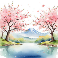 Watercolor Cherry Blossom Trees with Mount Fuji Landscape over Serene Lake