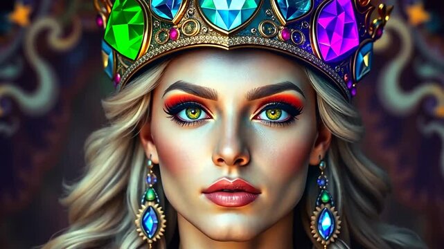 Portrait of a dazzling queen wearing a gem-encrusted crown and ornate earrings in vivid kaleidoscopic patterns