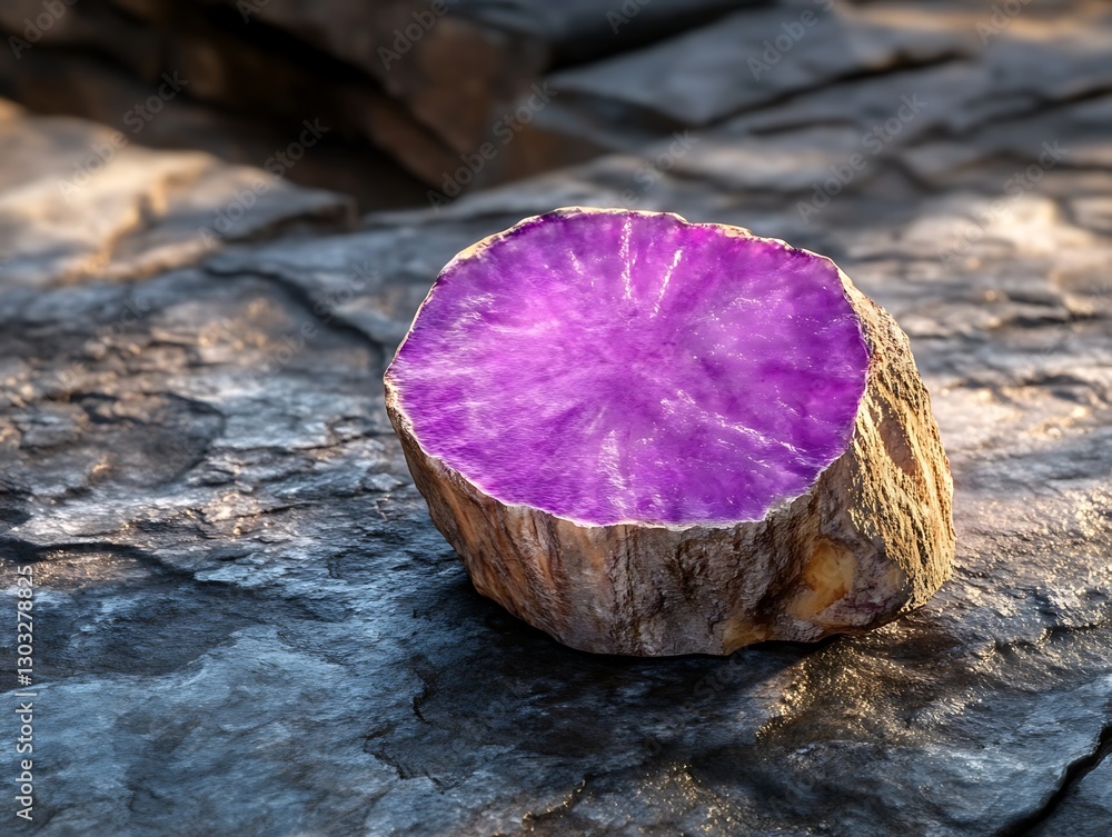 Poster vibrant purple stone slice displaying unique patterns on textured surface for natural rock collectio