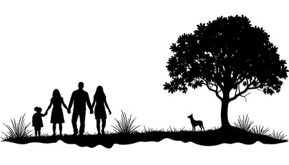 Silhouette of family walking with dog near tree