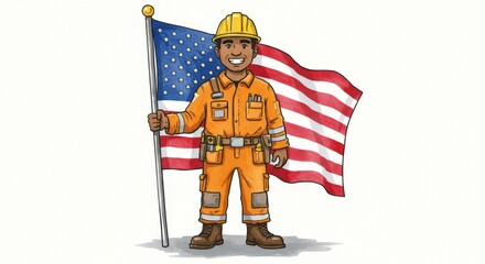 Watercolor Engineer with USA Flag Independence Day Celebration - This illustration features a cheerful worker proudly holding the American flag, symbolizing unity, freedom, patriotism