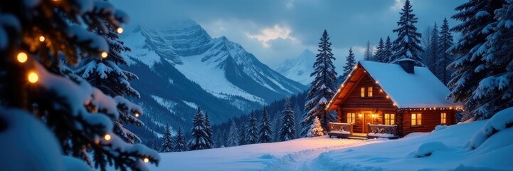 Twinkling Christmas lights reflect off snow-covered pine trees and a rustic cabin in the distance, mountain, pine
