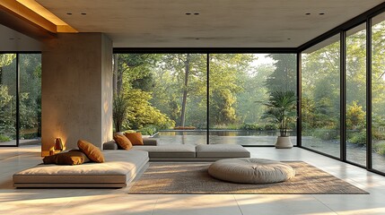 interior of modern living room with panoramic windows overlooking the countryside