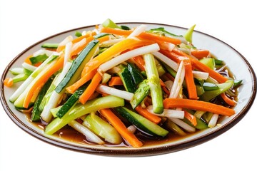 Vibrant julienned vegetables, Colorful stir-fry on white plate, Crisp carrots and zucchini, Fresh green beans, Yellow bell peppers, Chinese cuisine, Healthy vegetable medley, Glossy soy sauce, Appetiz