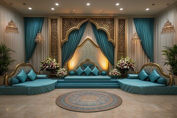  Luxurious Indoor Setting with Turquoise Seating and Ornate Decor