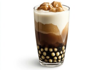 Layered bubble tea, Creamy milk foam top, Brown sugar syrup, Black tapioca pearls, Clear glass cup, Gradient layers, Smooth texture, Caramel-colored syrup, Photorealistic beverage, Soft lighting, Clos