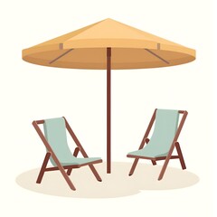 Relaxing beach scene with two lounge chairs and umbrella on sandy beach