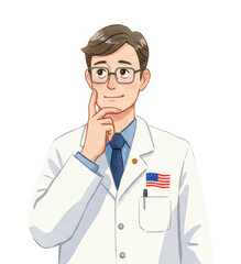 Fototapeta premium Watercolor Thoughtful Mechanical Engineer with USA Flag on White Background - A thoughtful mechanical engineer in a lab coat with USA flag, symbolizing innovation, professionalism, patriotism