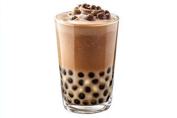 Bubble tea, boba drink, frothy milk tea, tapioca pearls, clear glass, creamy brown liquid, whipped cream topping, chocolate sprinkles, indulgent beverage, Asian dessert drink, smooth texture, layered 