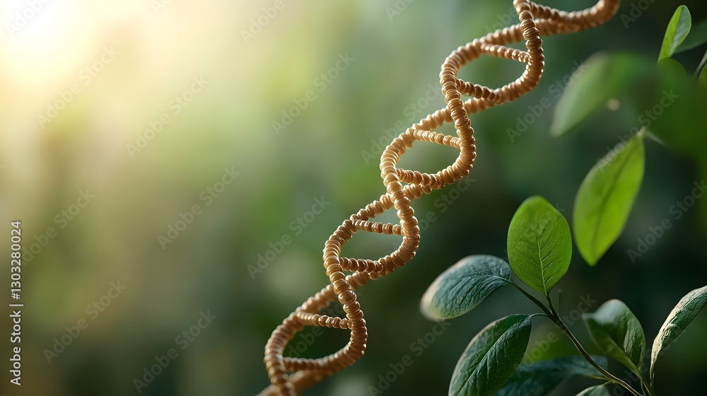 Poster closeup view of a genetically engineered plant displaying distinctive dna helix patterns on its leav