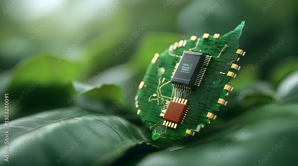 Poster closeup view of a biotech plant leaf with embedded microchips blending nature and cutting edge techn