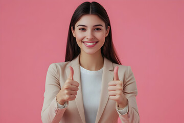 Businesswoman showing a double thumbs up gesture, smiling on solid color background