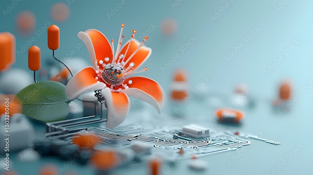 Poster close up shot of a biotech flower with micro patterns resembling intricate electronic circuits showc