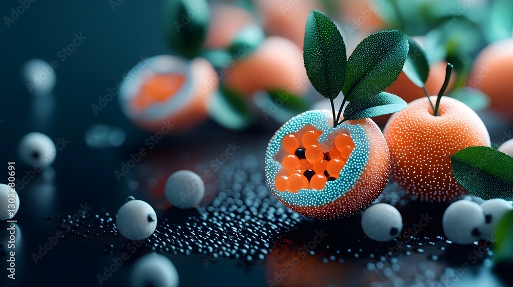 Poster close up of a genetically modified biotech fruit with glowing vibrant patterns on its surface