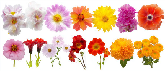 Bunte Blumenarrangements in verschiedenen Farben f&uuml;r fr&ouml;hliche Dekoration

