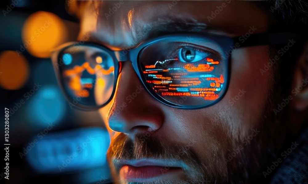 Poster close up of a person intensely focused on a computer screen at night, code reflected in glasses