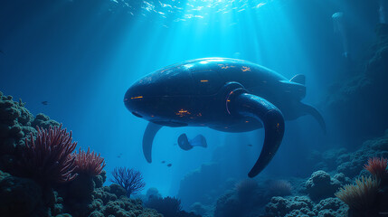 Obraz premium Deep Sea Explorer Meticulously Scans The Dark Ocean Floor