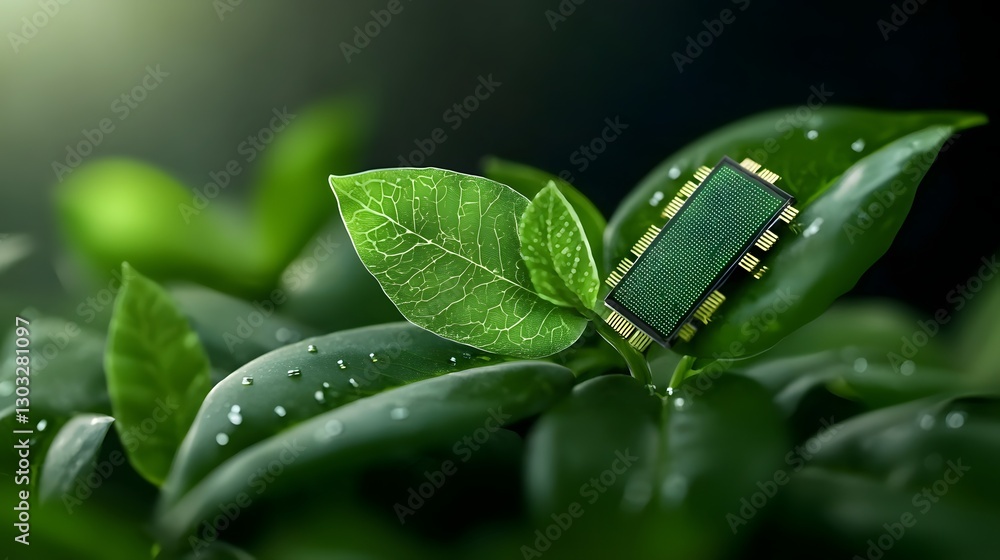 Poster close up image of a biotech plant leaf embedded with advanced microchips that monitor its photosynth