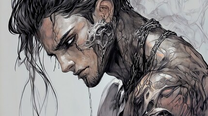 Fototapeta premium Portrait of a brooding male figure with intricate tattoos and moody expression