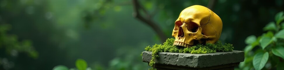 Yellowed skull on a stone pedestal with vines growing around it, decay, greenery