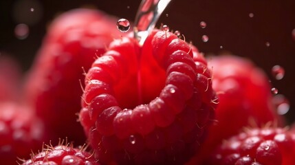 Fresh raspberries being washed under running water in a kitchen setting during the daytime