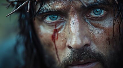 jesus christ with crown of thorns on his head dark background