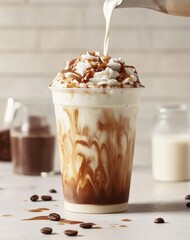 Caramel-drizzled iced coffee drink being poured