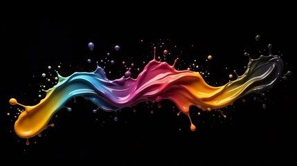 Colorful splashes of paint create an abstract wave against a black background