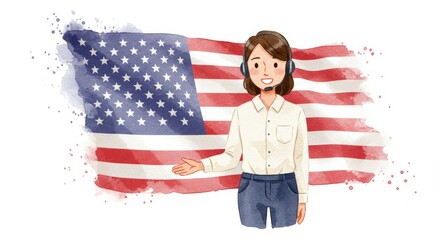 Watercolor Customer Service Representative with USA Flag Independence Day Celebration - An animated character representing customer service with a USA flag background