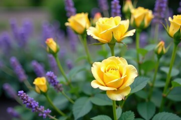 Fototapeta premium Yellow rose stems entwined with delicate lavender branches, garden, plants