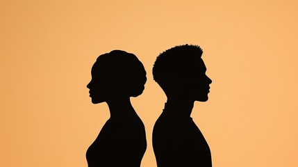 Silhouettes of a man and woman facing away from each other against an orange background, symbolizing separation or contemplation.