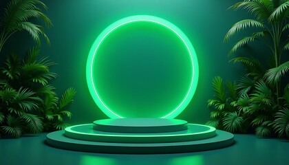 futuristic 3d podium with neon green glow, tropical jungle backdrop, high-tech cyberpunk atmosphere, luxury advertising