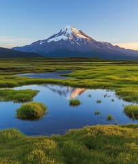 Fototapeta premium Sunrise over Andean valley reflects snow-capped peak
