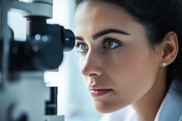 Ophthalmologist examining a patient's eyes with a slit lamp biomicroscope during a routine checkup in a modern eye clinic for precise diagnosis and treatment