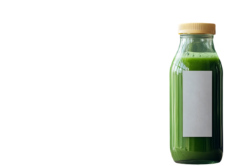 Fresh green cold-pressed juice in a clear glass bottle with a blank label on white background