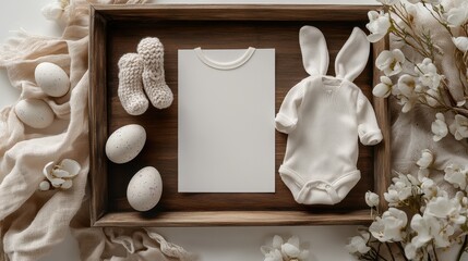 Delicate easter-themed pregnancy announcement on a rustic wooden tray with soft colors and charming details for expecting parents