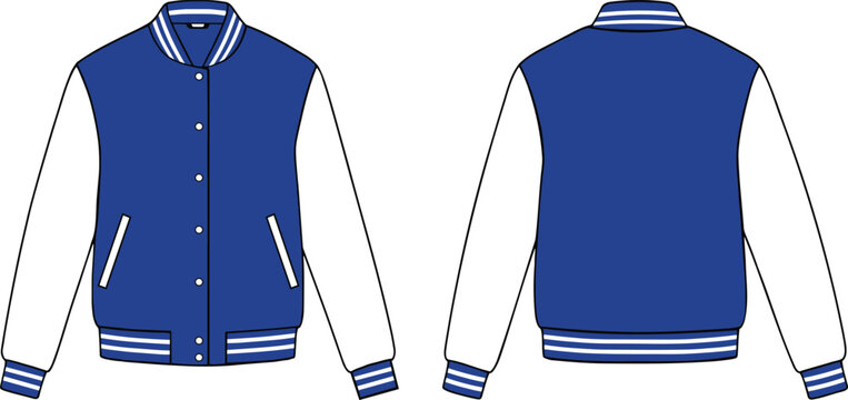 blue and white Bomber Jacket Flat Vector Illustration, Varsity Jacket Mockup Varsity Jacket Fashion Flat Template