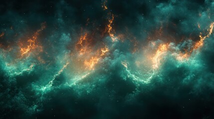 Fiery teal and orange nebula cosmic cloudscape.