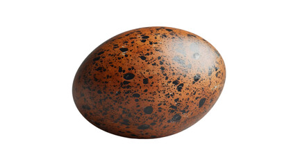 Fototapeta premium Close-up of a brown speckled egg with black spots on a white background