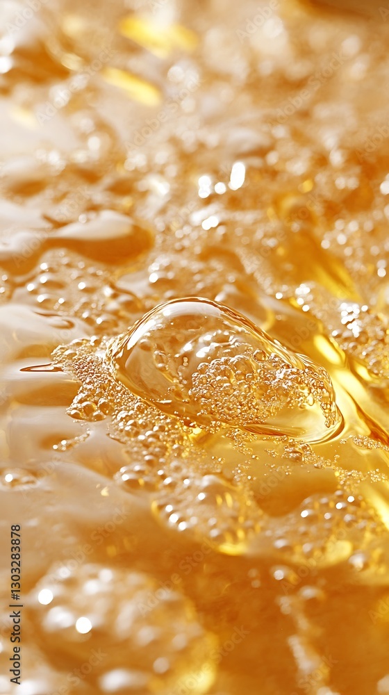 Poster close-up view of golden liquid with bubbles and reflections on wet surface for abstract background