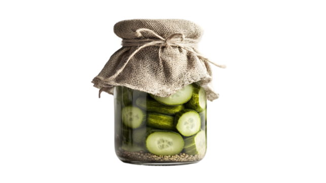 Jar of homemade pickles with burlap cover and fresh cucumbers
