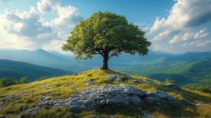 landscape with a lonely tree on the top of the mountain