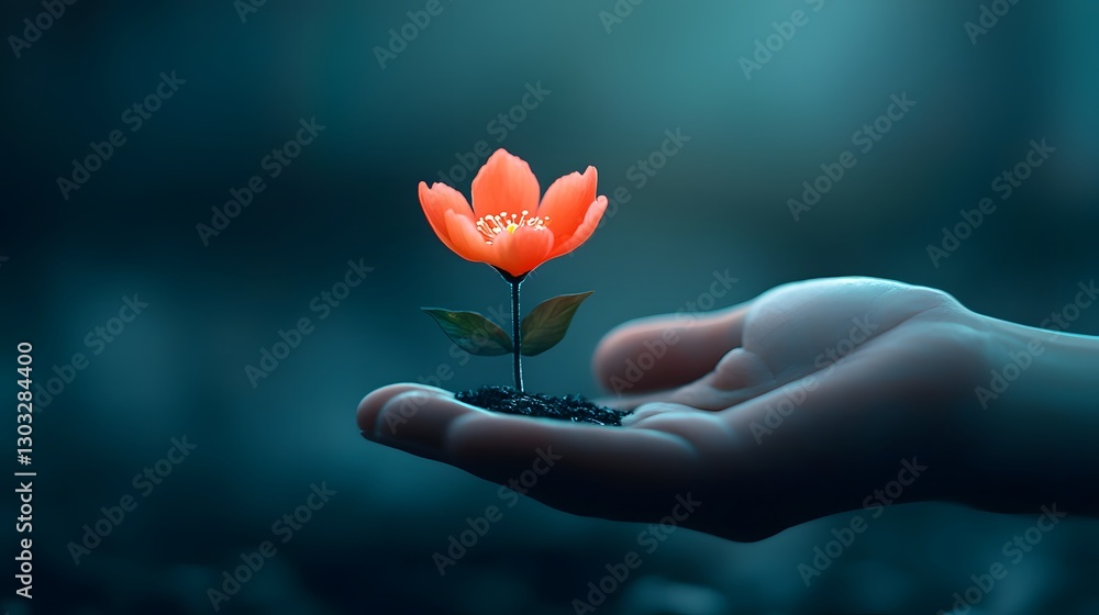 Poster bionic blossom a genetically engineered flower that blooms and glows brighter when exposed to specif